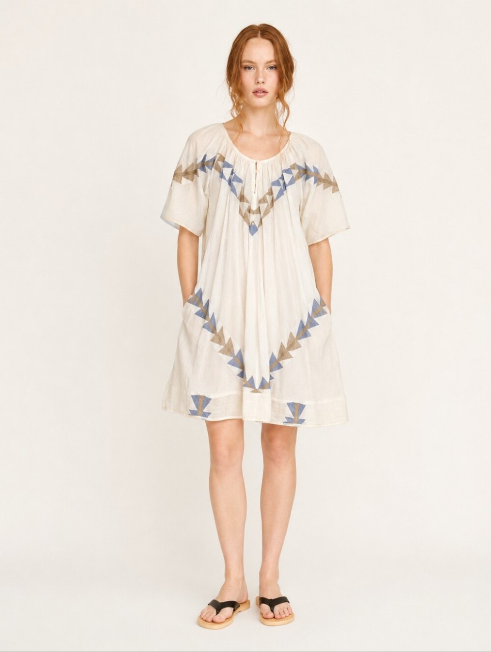 Mirth Handmade Palm Springs Cotton Mini Dress Geometric Cream XS
